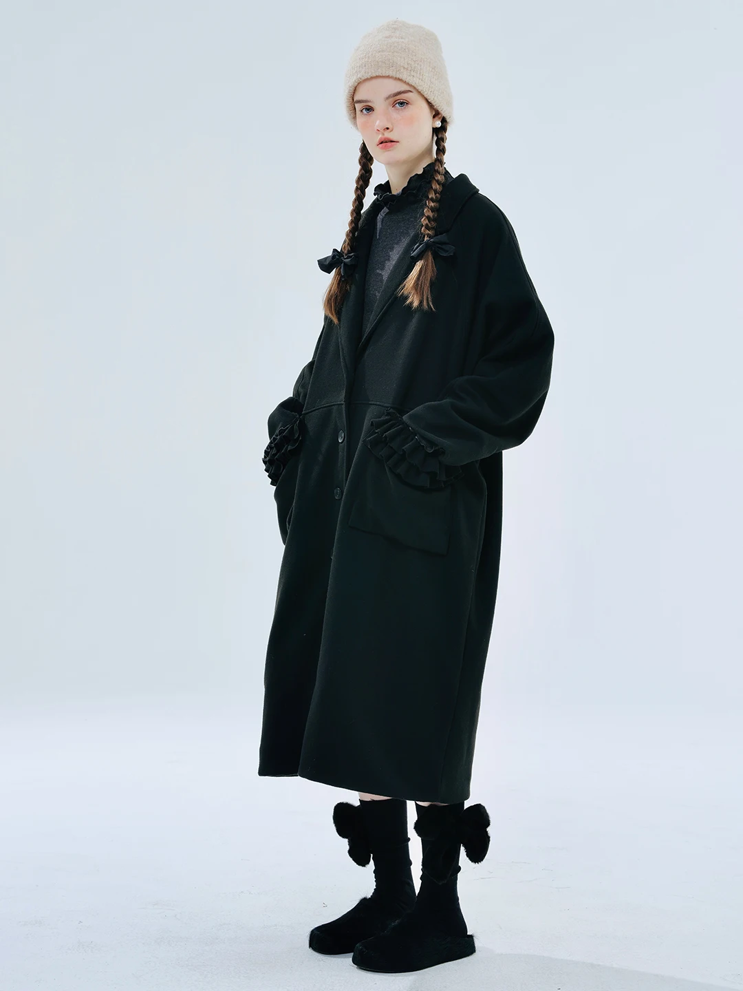 

IMAKOKONI original design black casual mid-length lapel lace patchwork pocket long-sleeved woolen coat 234403