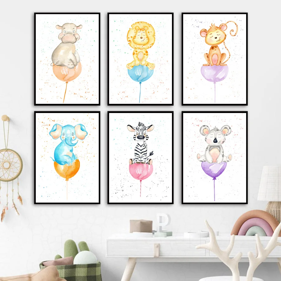 

Lion Giraffe Elephant Zebra Monkey Balloon Wall Art Print Canvas Painting Nursery Nordic Poster Wall Pictures Kids School Decor
