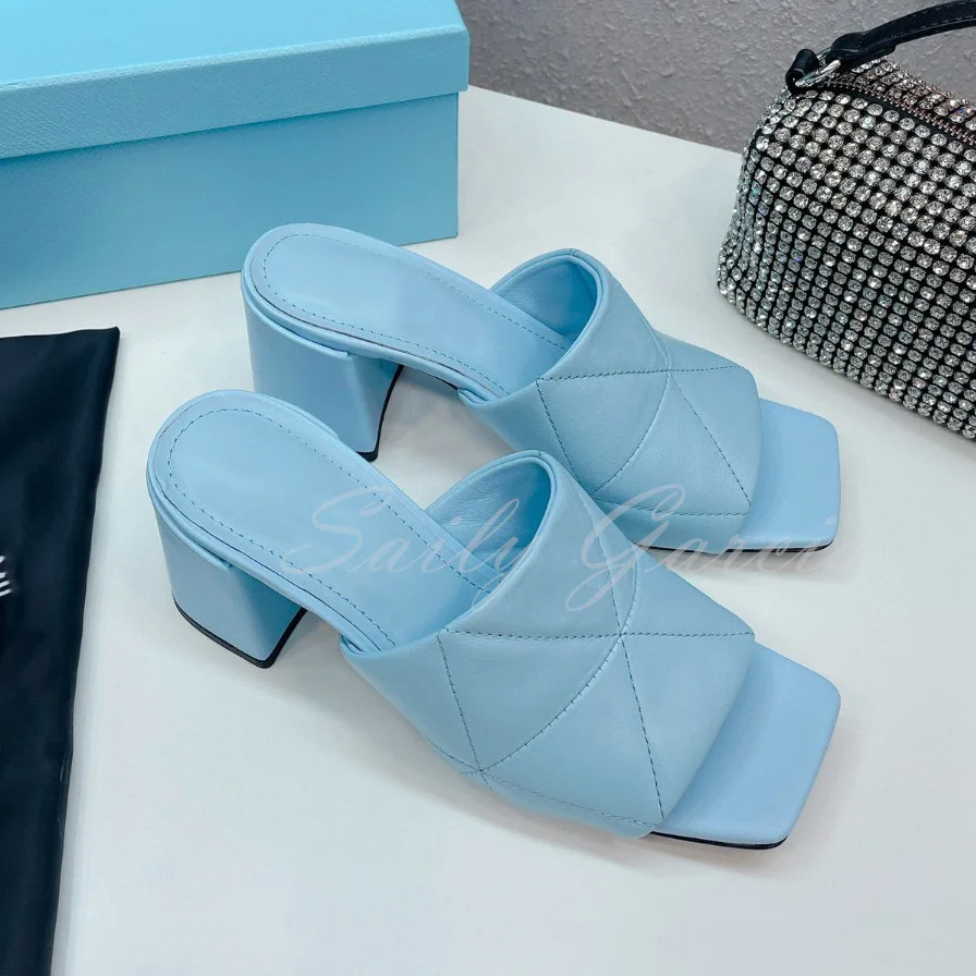 

Fashion New Flip Flops Square Toe Designer Slipper Women Summer Shoes Women Slides Mules High Heels Rhombic lattice Slippers