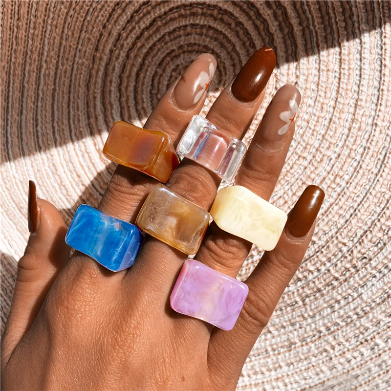IF ME Colorful Transparent Resin Acrylic Crystal Rhinestone Simple Geometric Square Round Rings Set for Women Trendy Jewelry 5