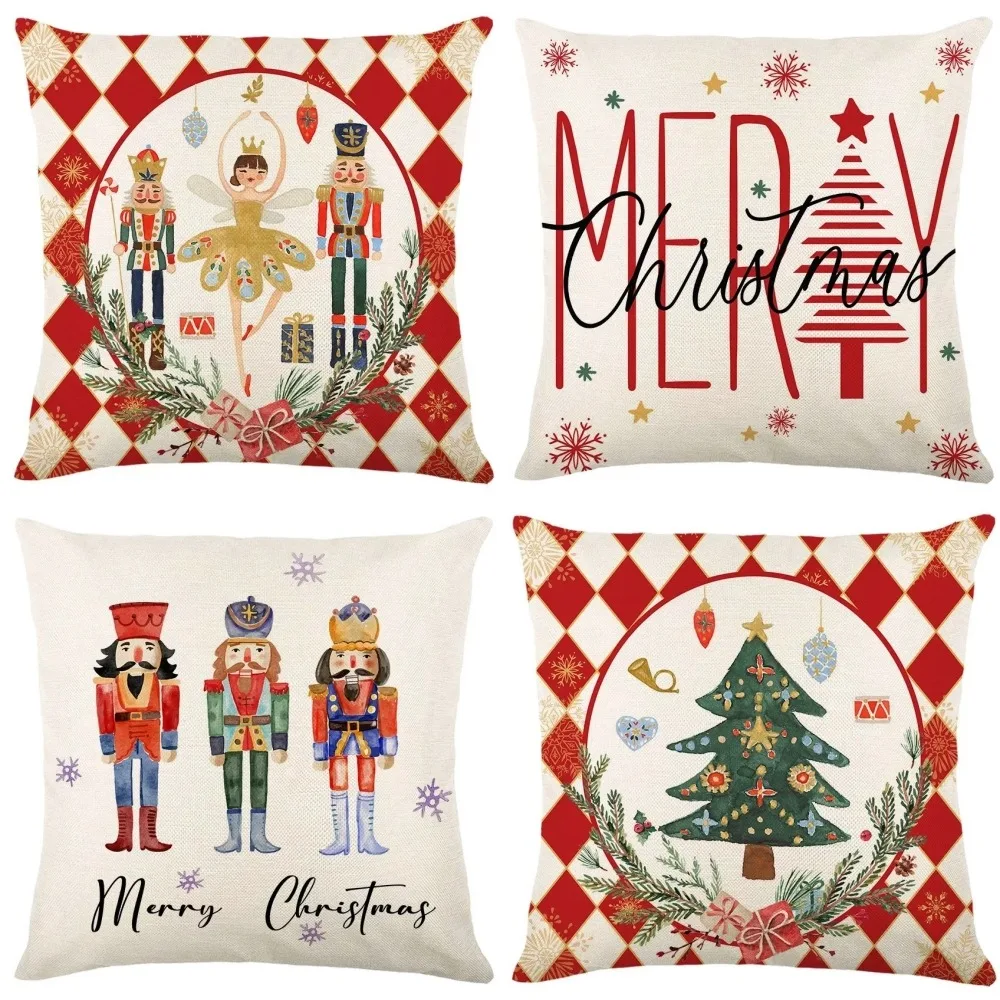 Description Picture 5 of item4pcs, Red Christmas Pillow Covers Christmas Decor Wreath Santa Claus Tree Holly Jolly Winter Holiday Decor Cushion Case For Home