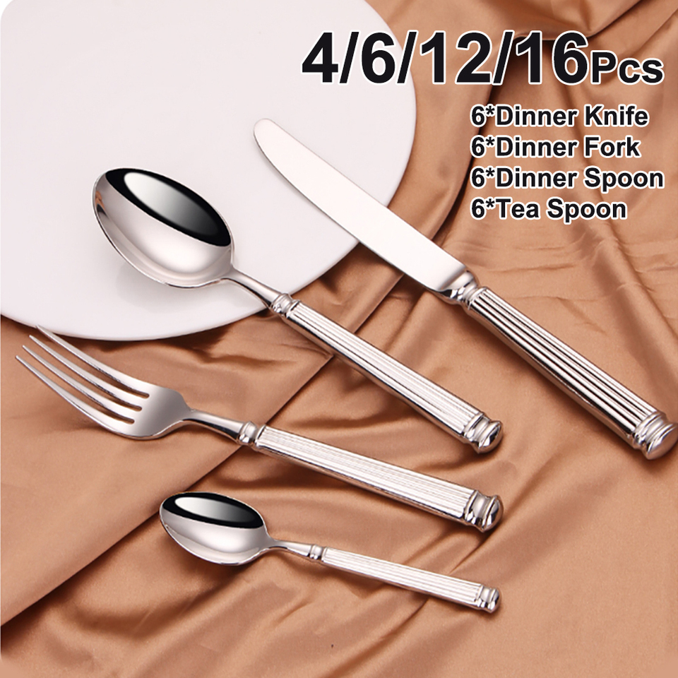 4/6/12/16Pcs Western Silver Cutlery Set Elegant Striped Handle Tableware Stainless Steel 304 Knife Fork Spoon Dishwasher Safe