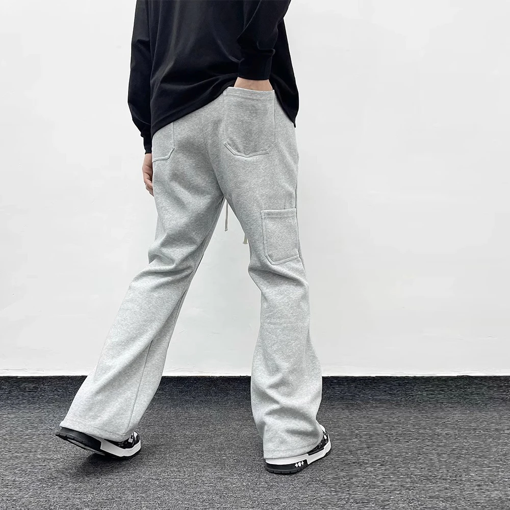 Men Casual Pants American Streetwear Gray Flared Sweatpant Men Double Knee Patch Micro Flare Overalls Harajuku Casual Patchwork Sweat Pants Black