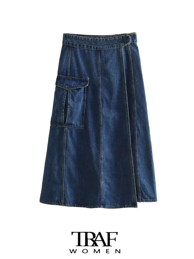 

TRAF Women Fashion Side Pockets Denim Wrap Midi Cargo Skirt Vintage High Waist With Belt Female Skirts Mujer