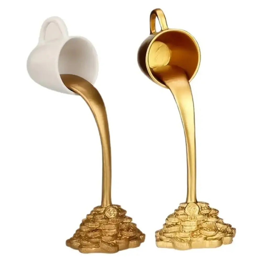 Liquid Gold Floating Mug Figure Novelty Coin Spilling Coffee Ornaments Funny Resin Floating Coffee Cup Figurines Office