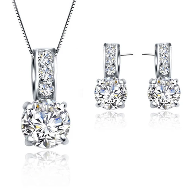 925 Sterling Silver Color Bridal Jewelry Set Classic Cubic Zircon Crystal Pendant  Necklace Stud Earrings for Women Girls Gift 1