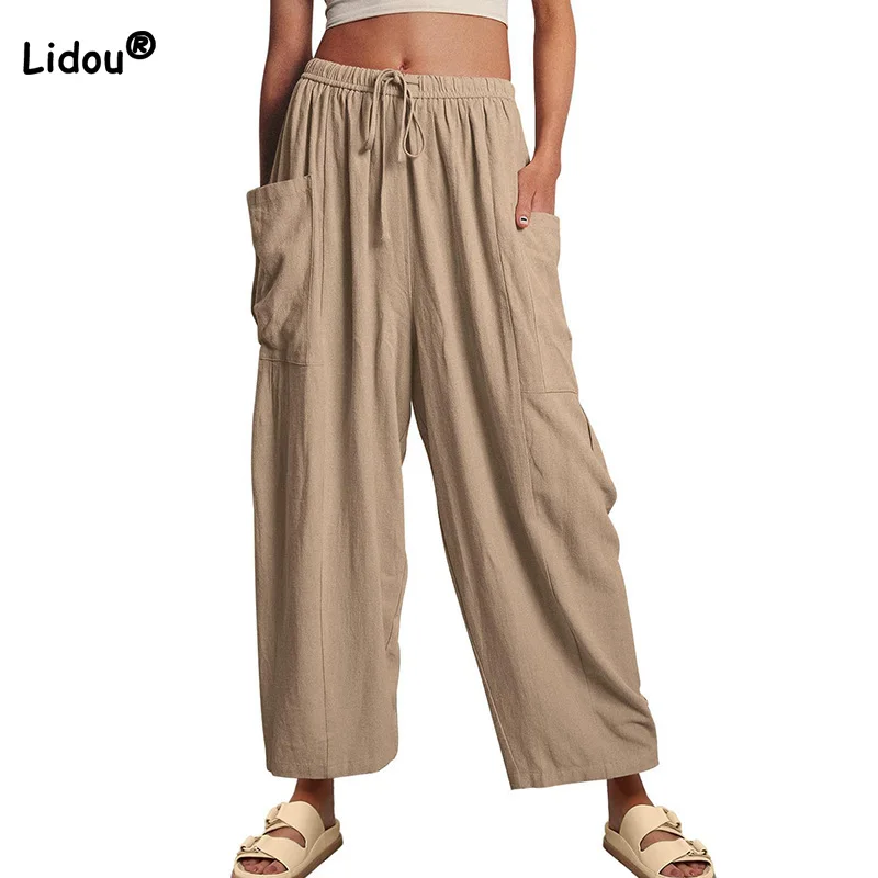 Women's Clothing Drawstring High Waist Solid Color Pants Spring Summer Casual Double Pockets Pleated Loose Cotton Linen Trousers