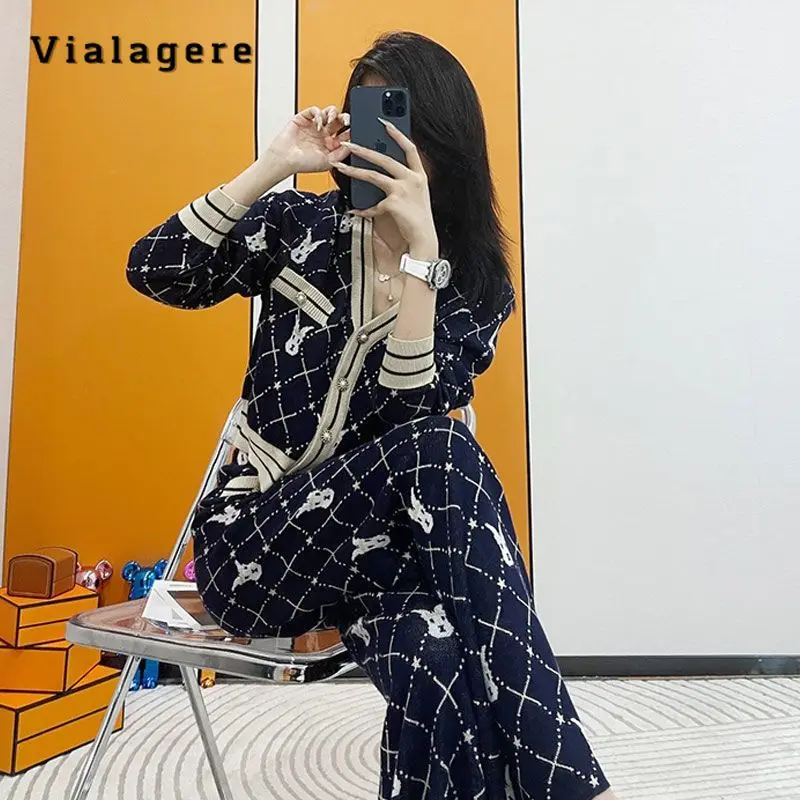 

Korean Fashion Casual Vintage Two-piece Set Women Loose Kong Sleeve Cardigan + Wide Leg Trousers Sets Elegant Pants Suits