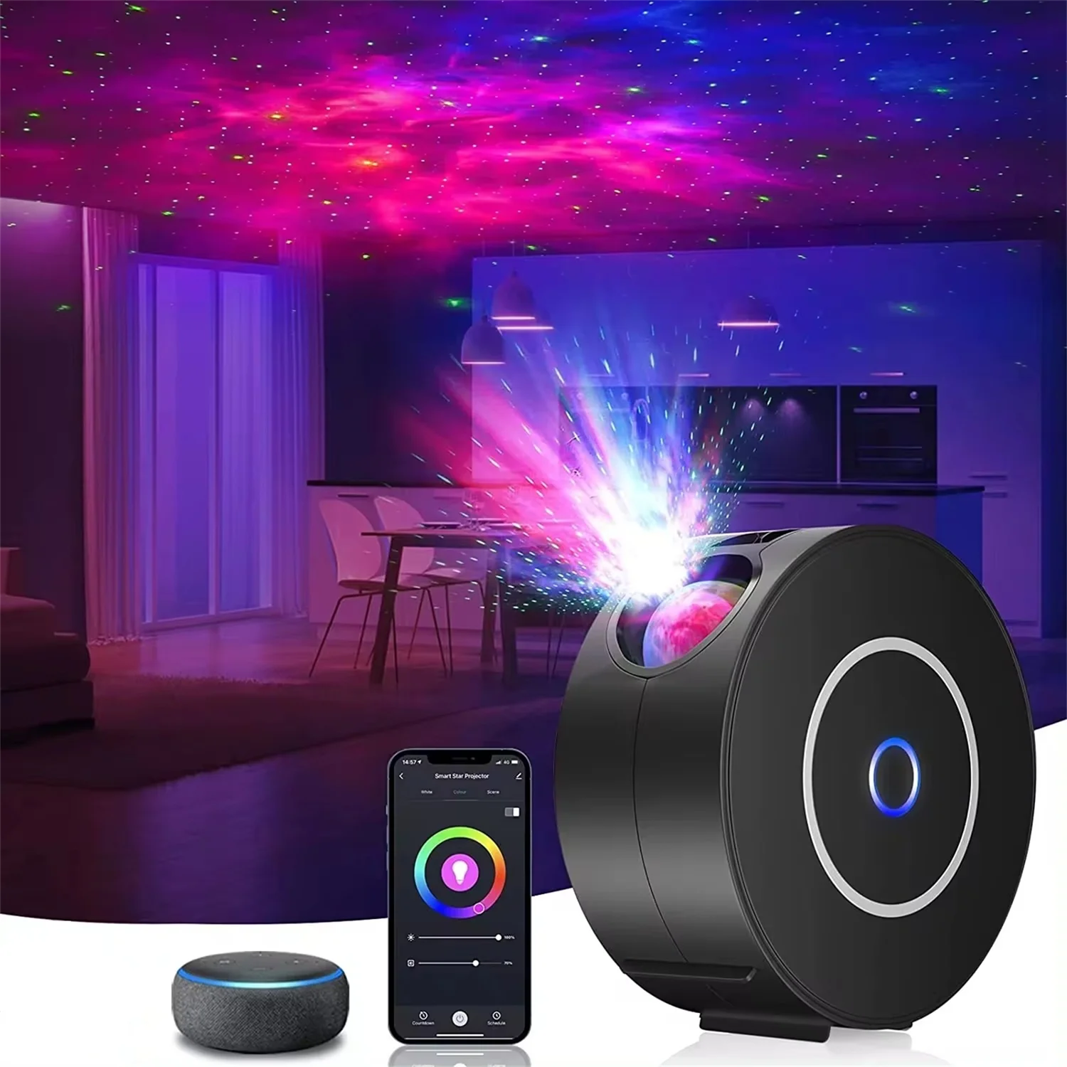 Smart LED starry sky projector light, WiFi starry sky projector light 3D Galaxy, with app/voice control, timer, compatible with