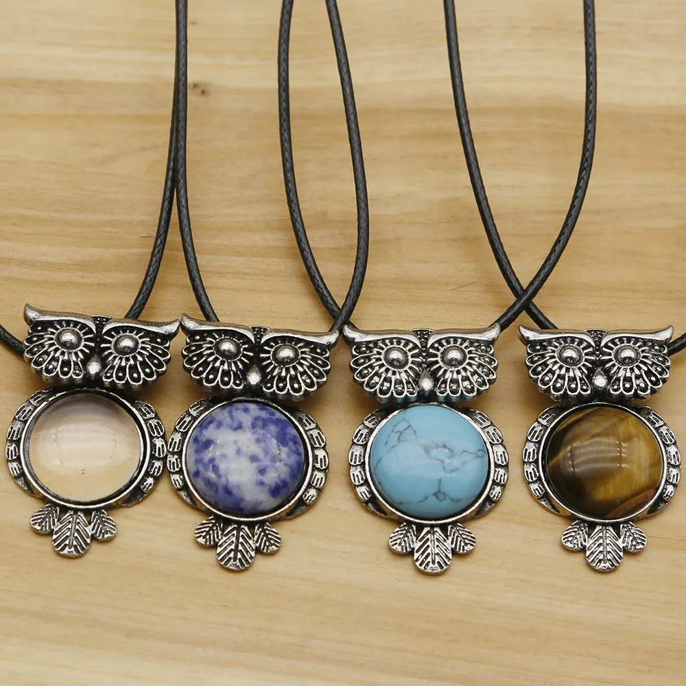 Natural Semi Precious Stone Vintage Copper Plated Owl Cute Pendant Leather Rope Necklace Charm DIY Jewelry Making Wholesale 8Pcs
