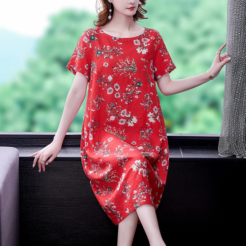 

2023 New Fashion Print Dress Women's Summer Vintage Round Neck Short Sleeve Loose Fit Casual Holiday Dress Vestidos