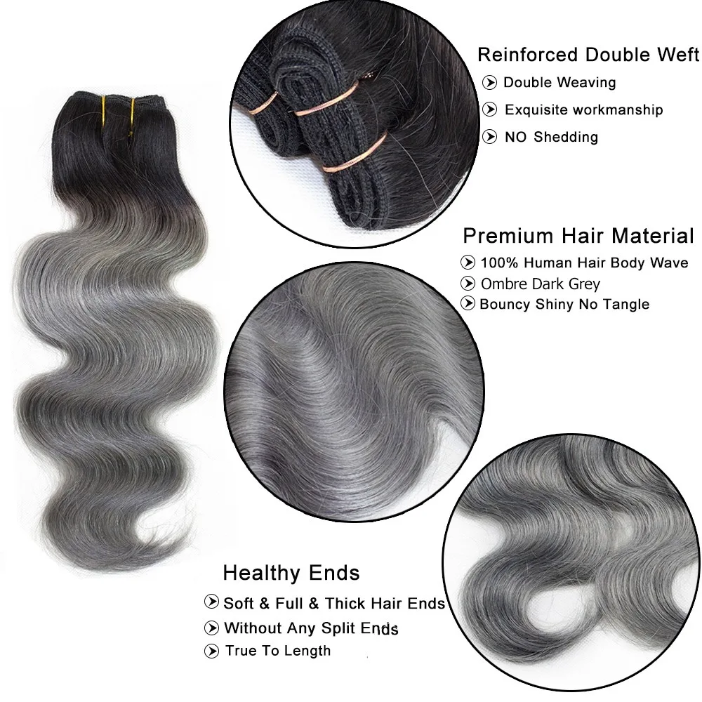 Human Hair Bundles Body Wave 10-22 inches Silver Dark Grey 1/3/4 Bundles Remy Weave Extension Ombre Black To Grey human hair extensions,human hair bundles,human hair bulk