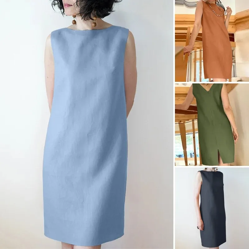 

Summer Elegant Office Lady Dress Women Sleeveless Solid Work Dresses Fashion Solid O Neck Back Split Vestido Sarafans