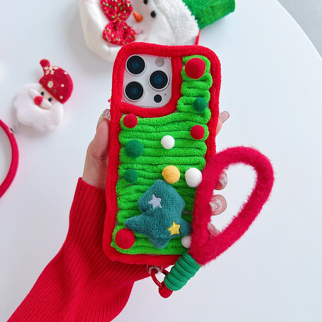 Christmas Cartoon Plush Phone Case with Santa Claus & Elk Design, Wrist Strap Cover