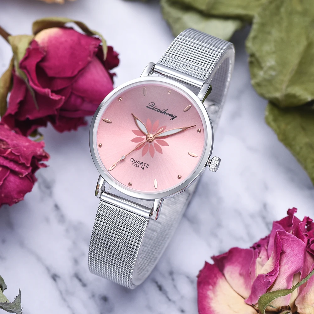 

Women's Wristwatches Luxury Silver Popular Pink Dial Flowers Metal Ladies Bracelet Quartz Clock Fashion Womens Watches