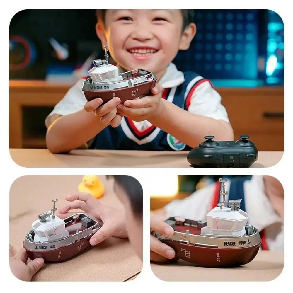Enfant souriant tenant la télécommande du bateau RC S820 près d'un plan d'eau.