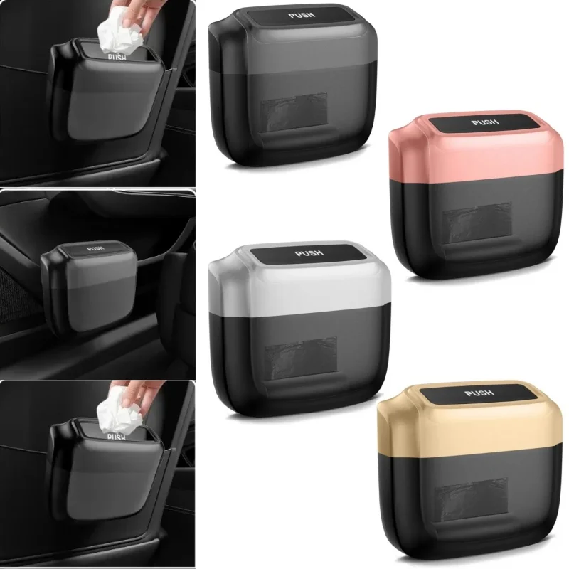 Car Trash Bin Hanging Vehicle Garbage Dust Case Storage Box Plastic Pressing Square Trash Can With Lid Auto Interior Supplies Car Storage Bag Car Trash Can Car Trash Bag