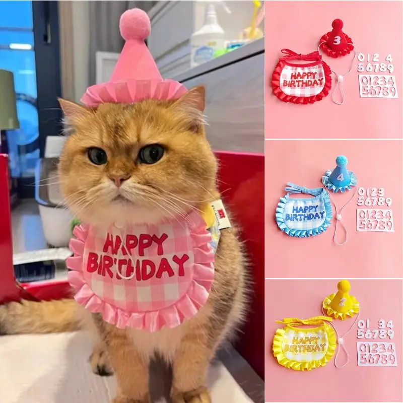 

Cat Dog Birthday Bib And Party Hat Set Mini Puppy Cat Adjustable Bandana Plaid Scarf Pet Birthday Outfit Chihuahua Supplies