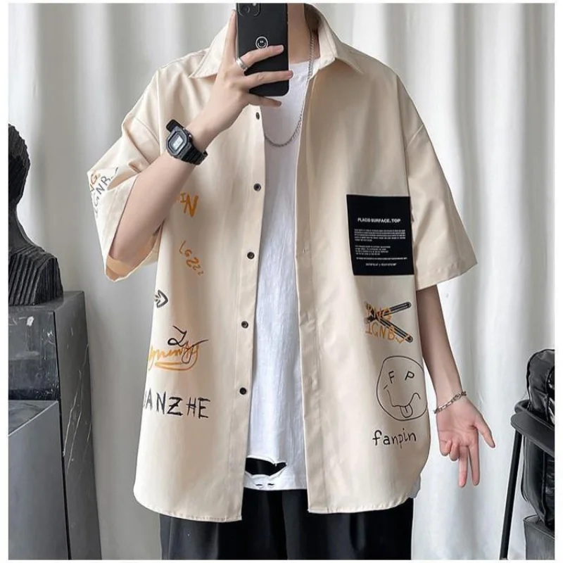 Men's Clothing Summer Casual Hong Kong Breeze Fashion Short Sleeve Printed Loose Trend Korean Version Handsome All-match Shirt