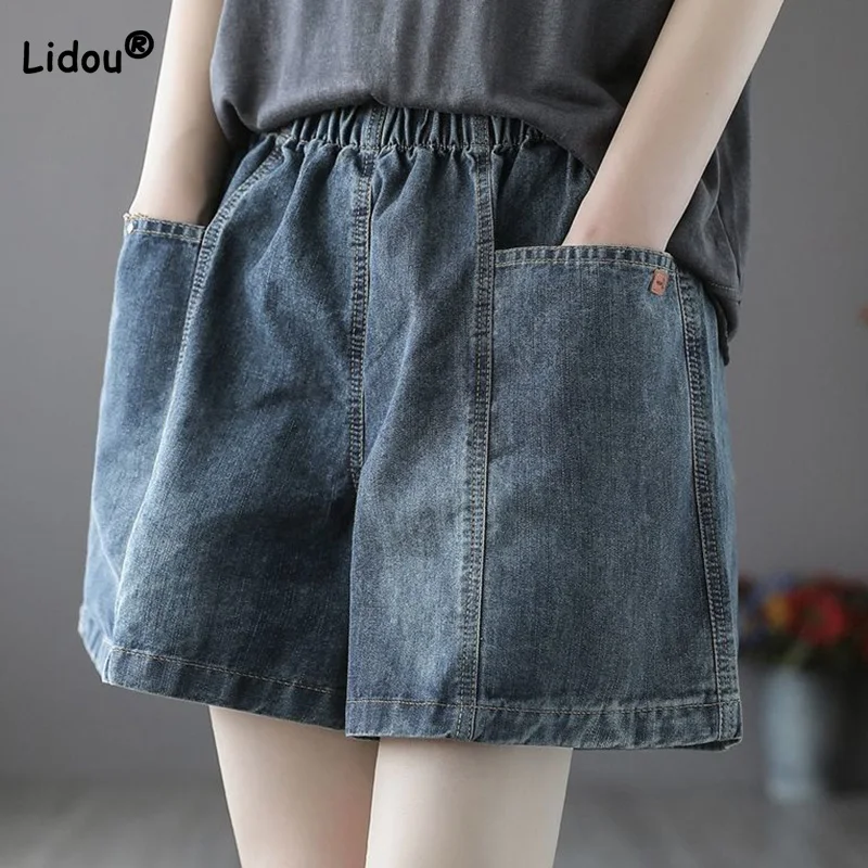 Summer Thin Style Pantalones De Mujer Elastic High Waist Personalized Street Double Pockets Female Wash Wide Leg Denim Shorts