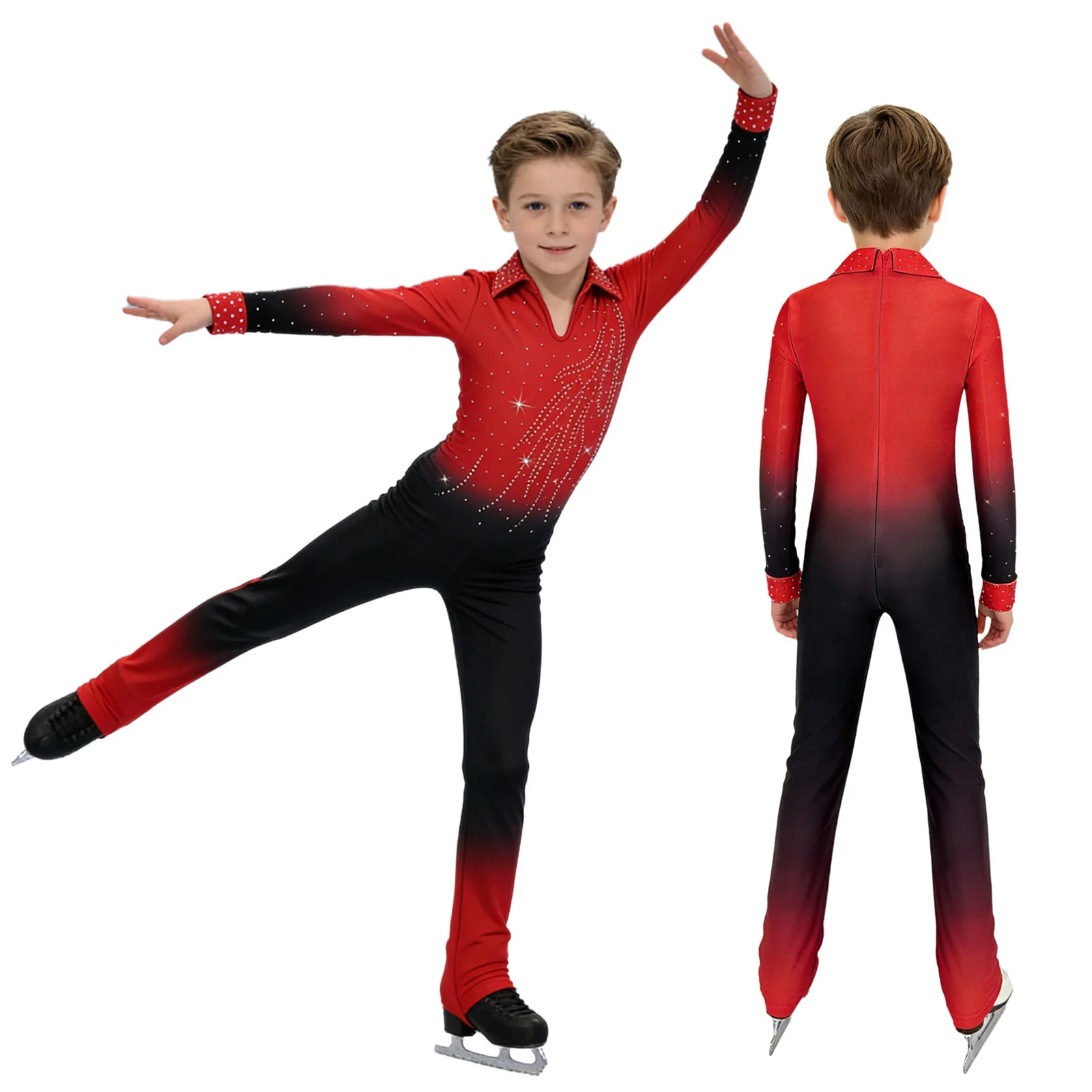 Teens Acrobatics Gymnastics Jumpsuits Kids Shiny Rhinestone Figure Ice Skating Bodysuit Girls Boys Long Sleeve Ballet Dance Wear 2