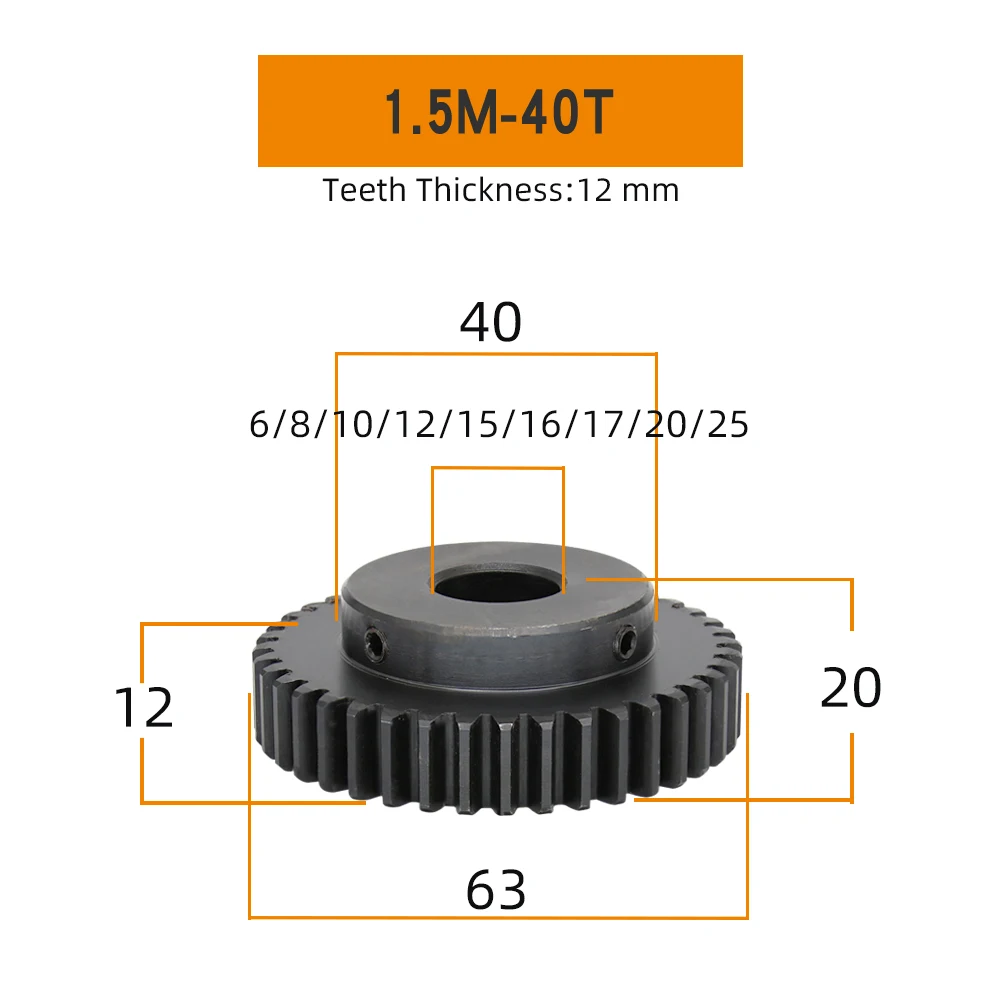 고주파 담금질 기어 휠 톱니 두께 1.5M40T 스퍼 기어, 블랙닝 탄소강 SC45, 40 톱니, 12mm 보어 6-25mm