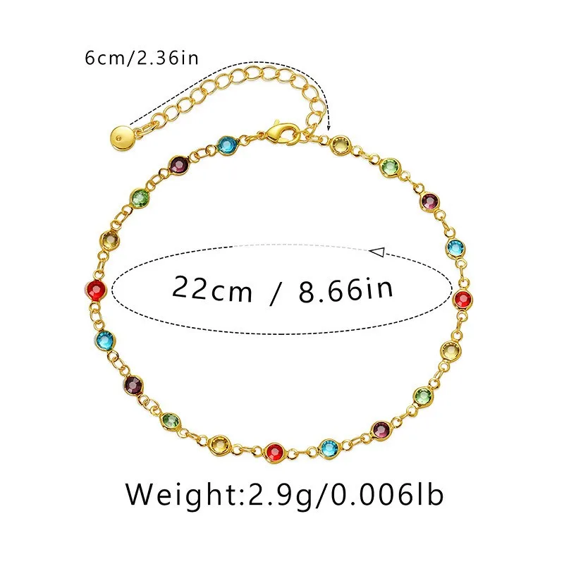 Gold Color Boho Rainbow Rhinestone Anklet for Women Summer Beach Beads Foot Chain Vocation Jewelry Gifts