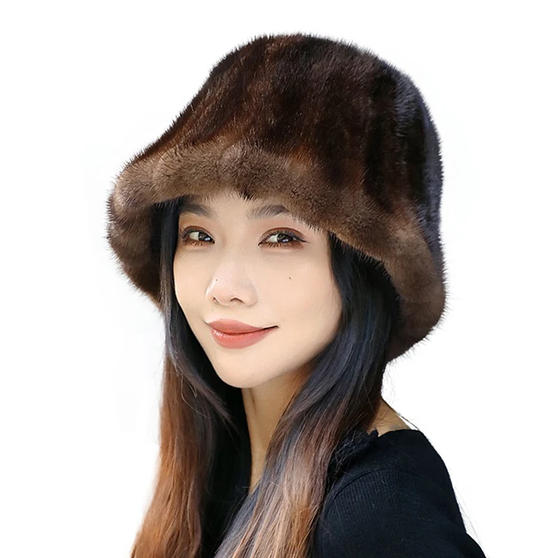 

New Genuine Real Natural Fisherman Hat Mink Fur Hat Cap Luxury Women Fashion Winter Outdoor Panama Warm Real Fur Beanies