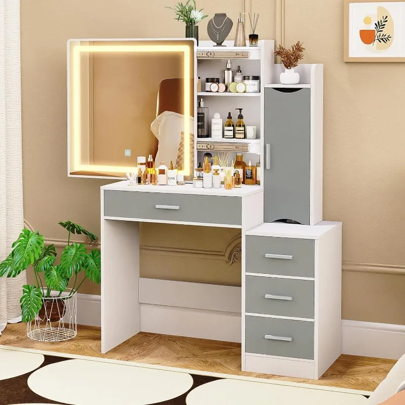

Makeup Vanity Desk, Makeup Vanity Table with Sliding LED Lighted Mirror, Vanity Table with 4 Drawers & Cabinet