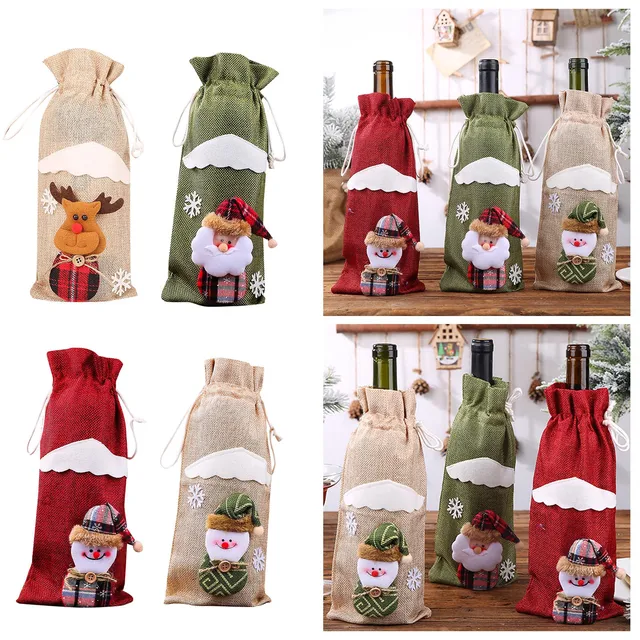 Giant Wine Glass Bottle Bag Christmas Gifts Linen Xmas Popular Cute Pattern Printed Covers Ornaments 2024 Home New Year'S Decor 1