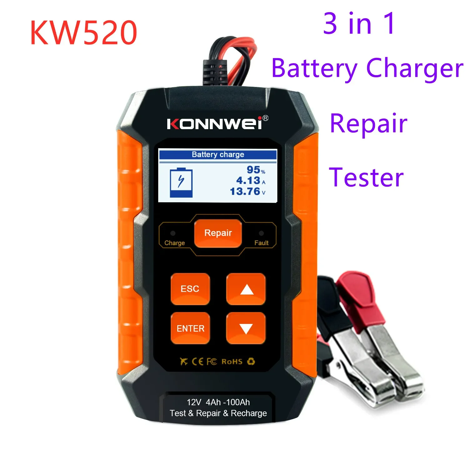 

Best KONNWEI KW520 10A Automobile battery charger repair tester three-in-one for multiple types of automobiles and motorcycles