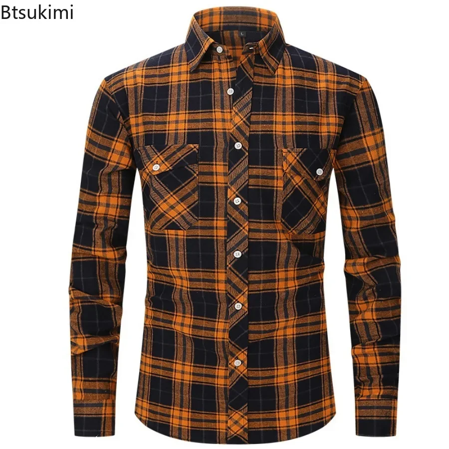 2024 Men's Flannel Plaid Shirts Fashion Long Sleeve Casual Button Shirts Slim Fit Comfortable Double Pocket Design Men's Shirts