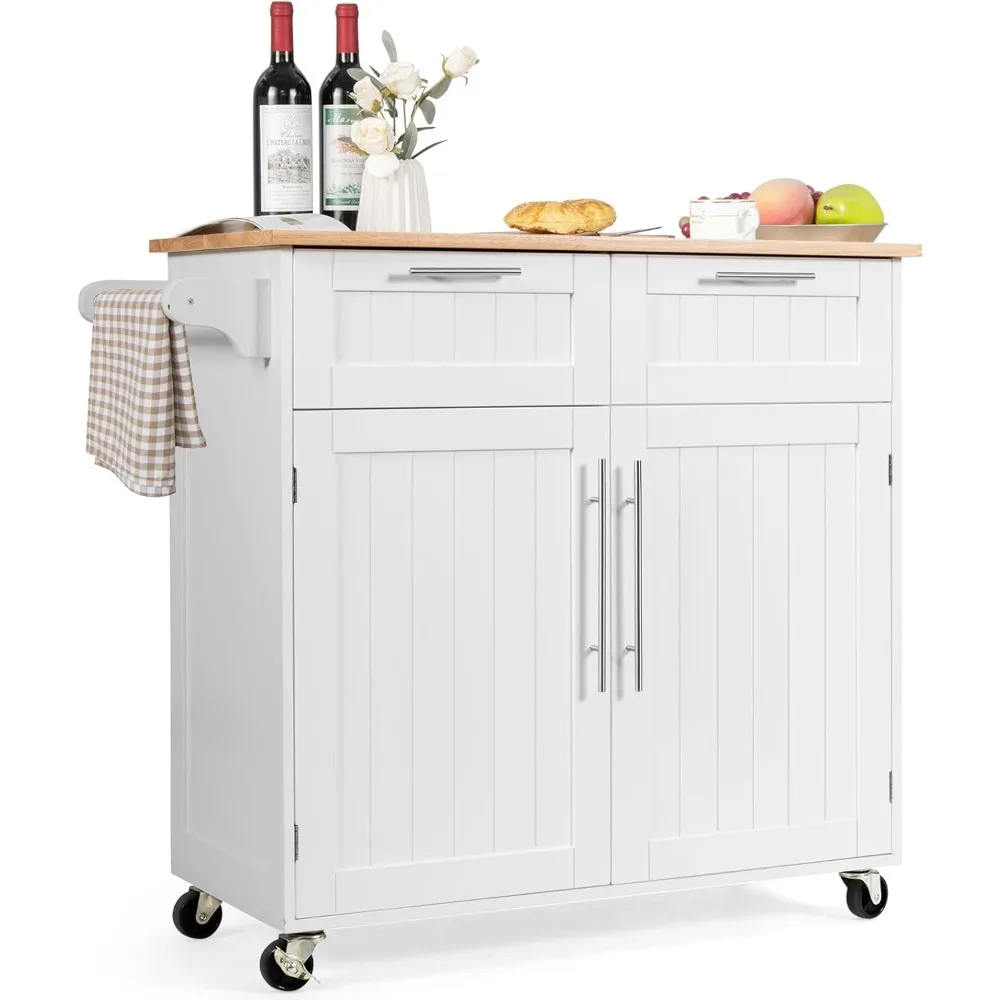 Kitchen Island Cart on Wheels, with Side Towel Bar, 2 Drawers, 2 Door Cabinet, Rolling Storage Trolley Cart with Rubber Wood Top