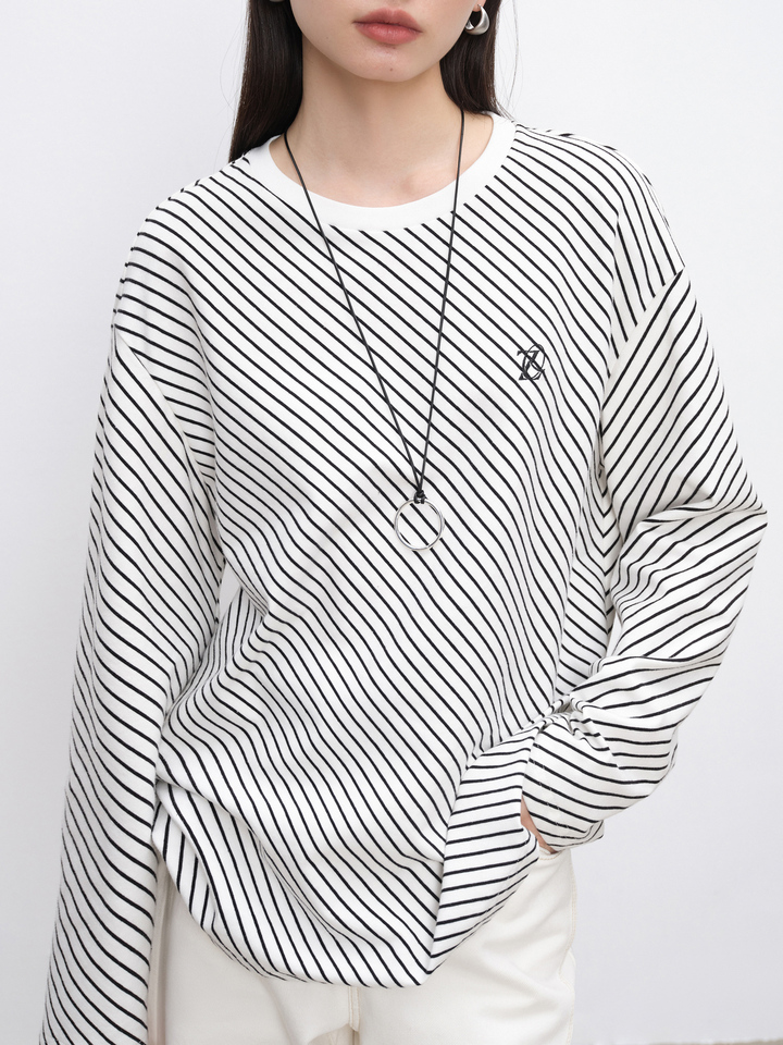 ZIQIAO Women Loose Stripe Pullover 96.3% Cotton Commuter Long Sleeve Drop Sleeve T-Shirts Pink Female Tops 24ZQ93239+24ZQ93238