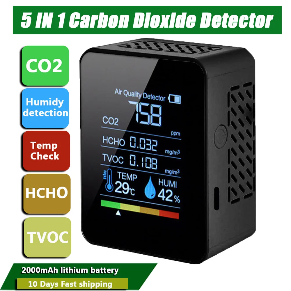 Multifunctional 5in1/6 in 1 CO2 Meter Digital Temperature Humidity Tester Carbon Dioxide TVOC HCHO Detector Air Quality Monitor