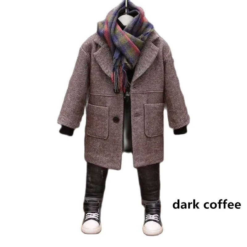Boys Woolen Coat Spring Autumn New Fashion Solid Turn Collar Outwear 5-14T Children Overcoat High Quality