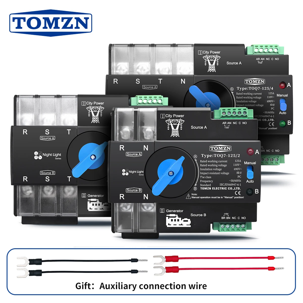 Interrupteur sélecteur électrique automatique de transfert de puissance double TOMZN, rail DIN, triphasé AC110V, 2P 3P 4P, 63A 100A 125A, ininterrompu TOQ7