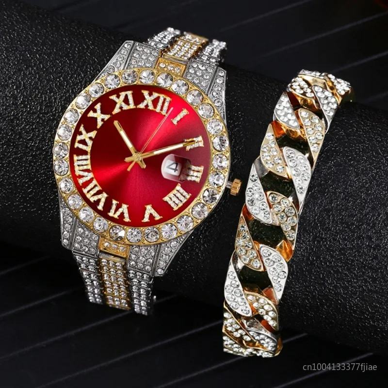 

2 Pcs Watch Bracelet Hip Hop Stainless Steel Gold Color Calendar Watch for Men Iced Out Paved Rhinestones Men Watch Reloj Hombre