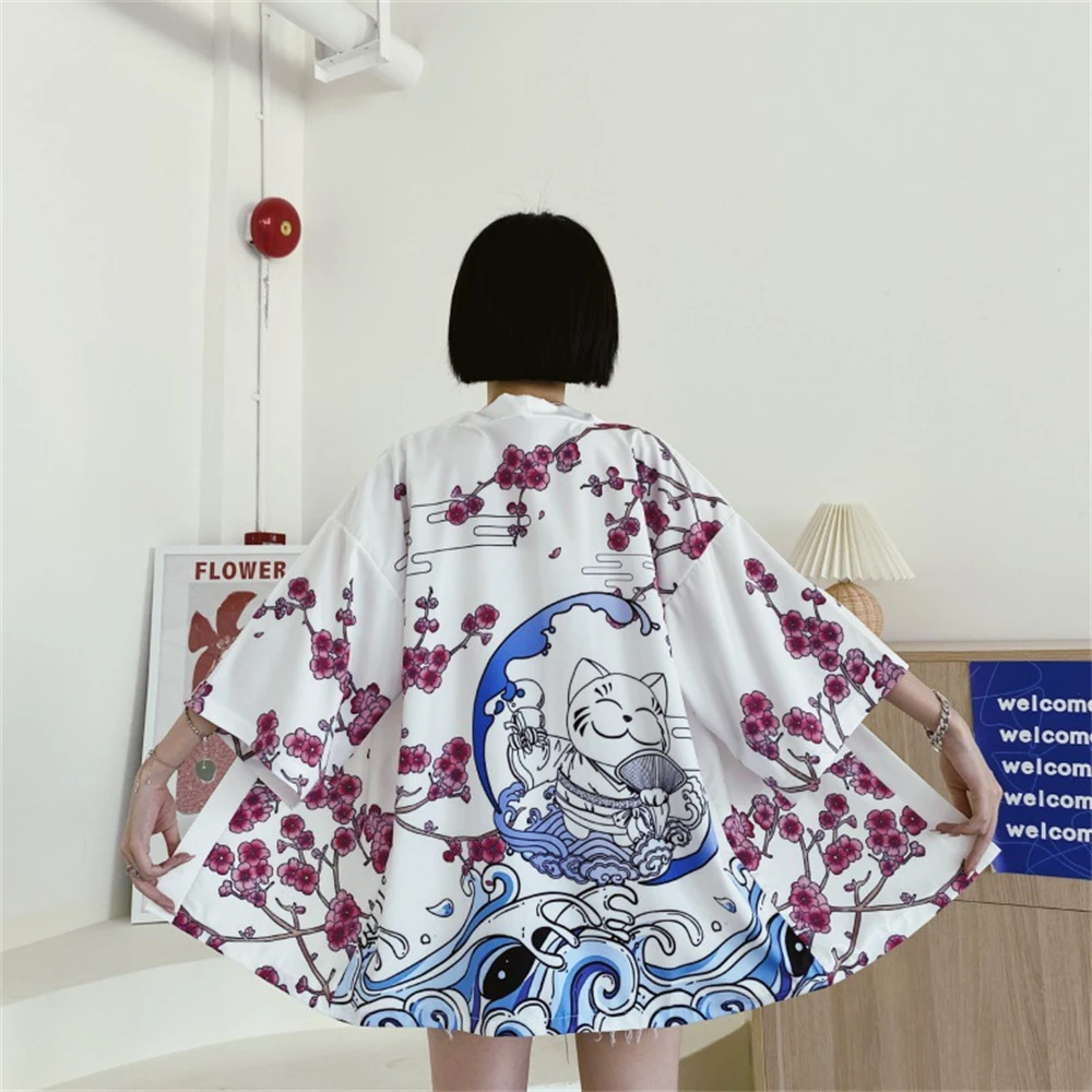 

Women Sunscreen Cardigan Japanese White Cat Print Kimono Haori Obi Yukata Beach Kimono Cosplay Clothes