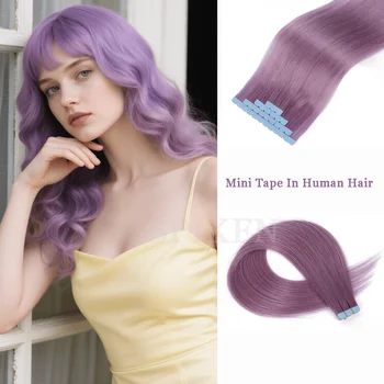 Lavender purple Mini Tape In Human Hair Extensions 12-24 inches Micro Tape Hair  Seamless Adhesive Hair Pieces For Cosplay