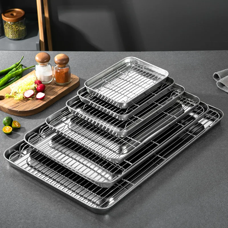 2PCS/Set Stainless Steel Baking Tray with Grid Line Non-Stick Bakeware Cake Bread Cooling Rack Snacks Plate Kitchen Cooking Tool |