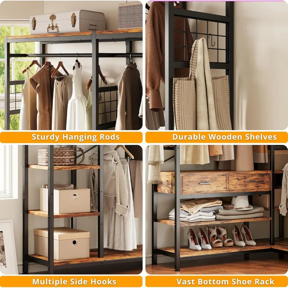 Closet Organizer and Storage Shelves, Heavy Duty Clothes Rack with 2 Wooden Drawers, L Shaped Coat Rack Corner Closet System 5