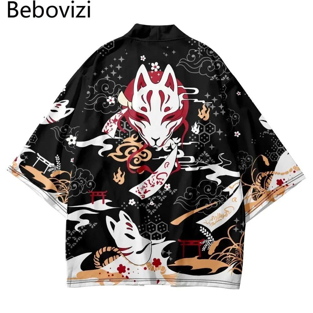 Bebovizi Japanese Style Cat Samurai Kimono Streetwear Men Women Cardigan Japan Harajuku Anime Robe Anime Clothes Summer japanese kimono japanese kimono cardigan