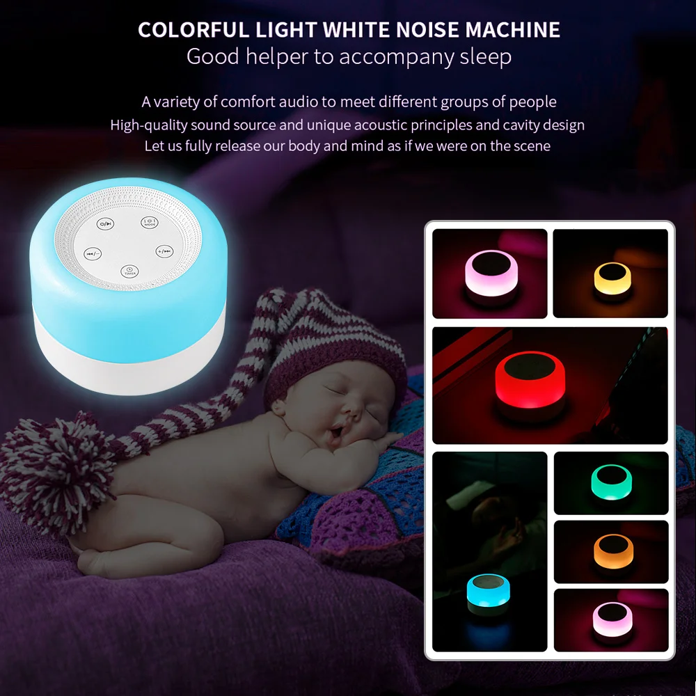 White Noise Machine Sleep Aid Device Baby White Sound Machine Soother Adjustable Night Light with 12 Soothing Sounds 7 Lighting Colors Timer for Baby Students Adults