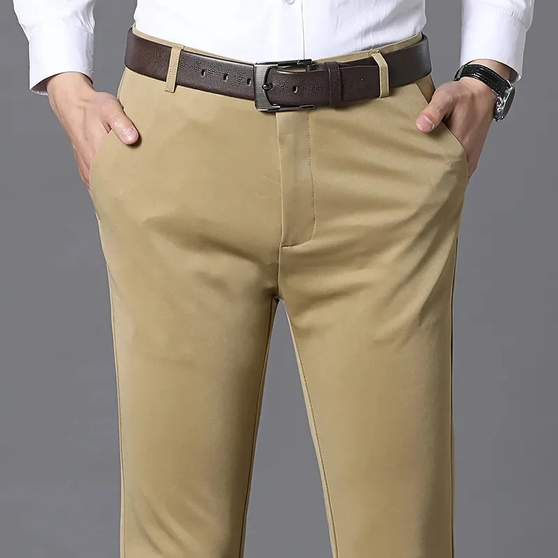 Men's Ice Silk Suit Pants Casual Formal-Pants Elastic Mid-waist Baggy Trousers Straight Business Official Trousers for Adult Man