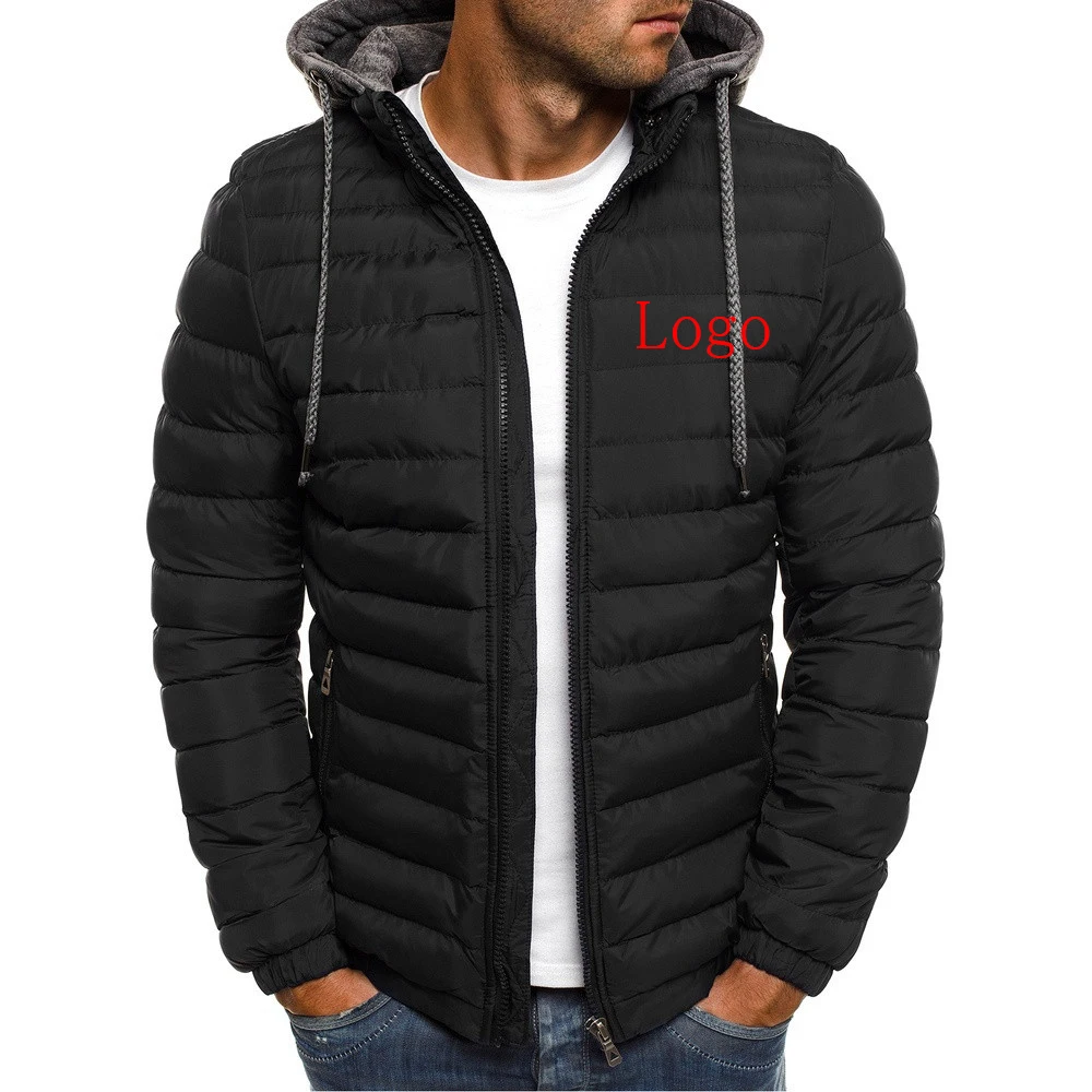 2023 autumn and winter new custom Logo printing zipper thick warm cotton fashion coat men's hat solid color cotton-padded jacket