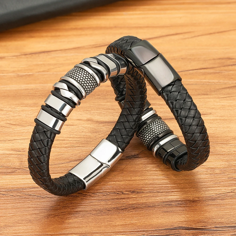 Leather Bracelet XQNI Braided Rope Wrap Leather Bracelet for Men Classic Style Stainless Steel Bangle Couple Charm Jewelry Gifts