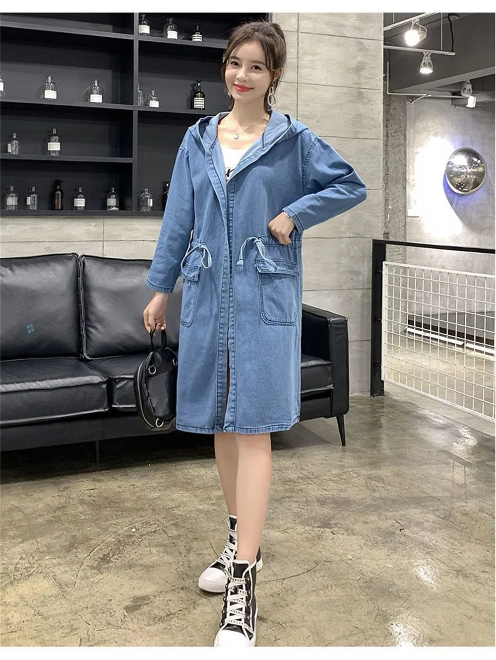 Spring and fall fashion casual loose women 2024 cowboy hooded trench coat mid-length denim jacket