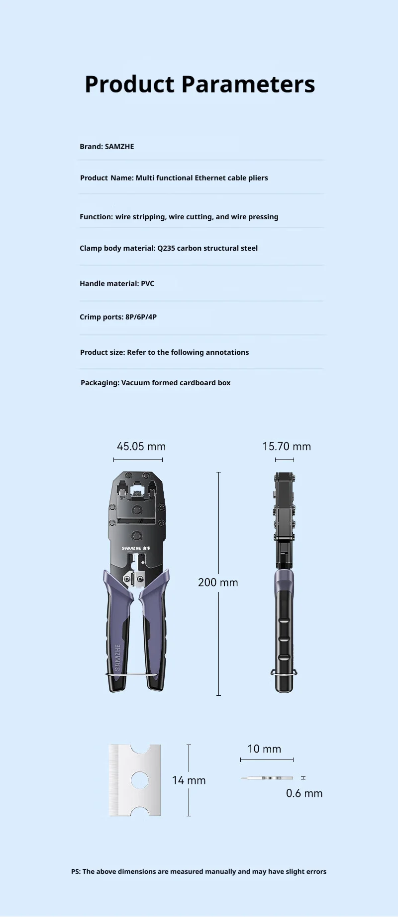 SAMZHE RJ45 Crimpzange, Netzwerk-Kabelcrimper, Schneid- und Abisolierzange für CAT5/6/7/8 8P/6P RJ45 – Detail 19