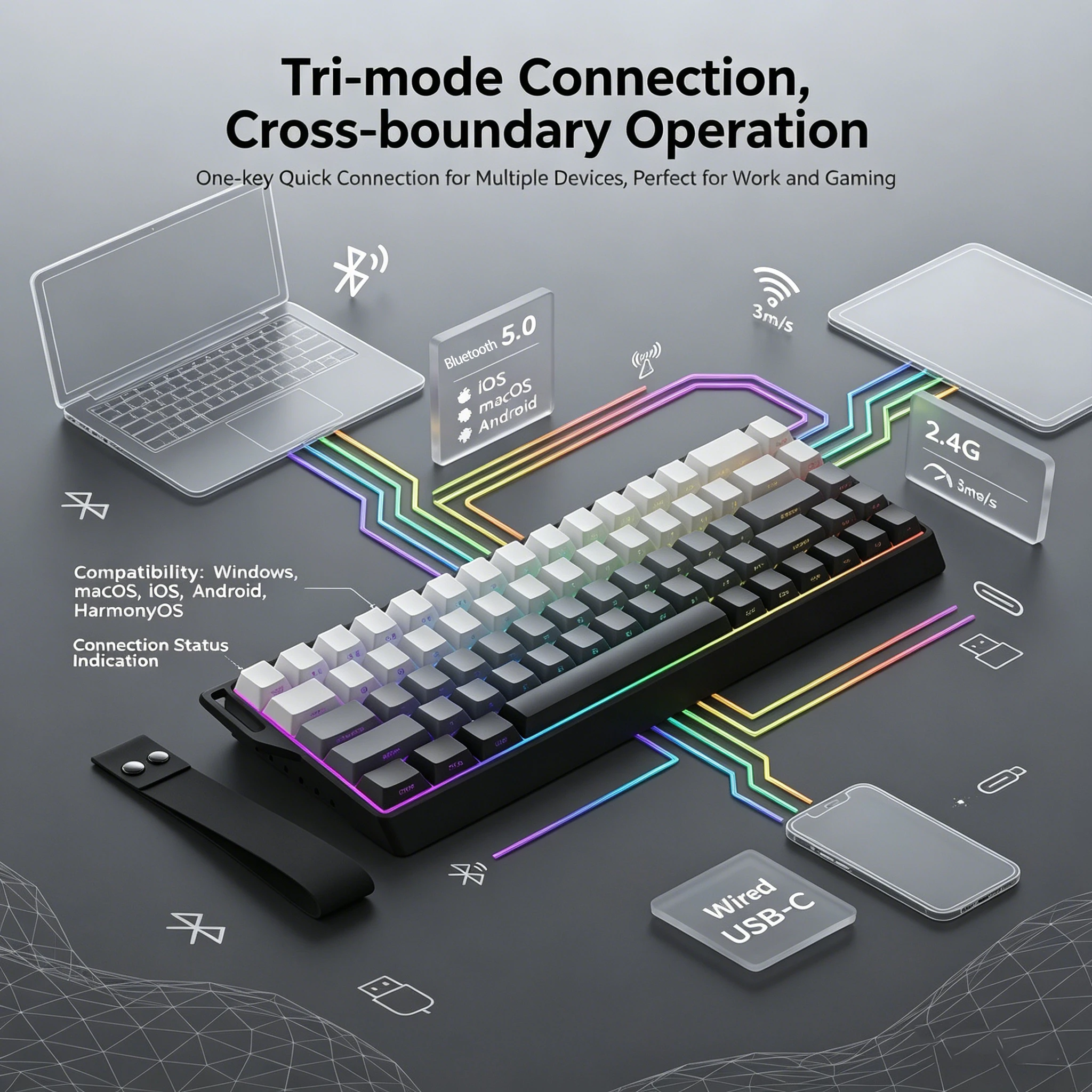 Wireless Mechanical Gaming Keyboard 60%,Hall Effect Magnetic Switch,RGB Backlit,Tri-Mode Hot Swappable Win/mac/iOS/And/Harmony - 2